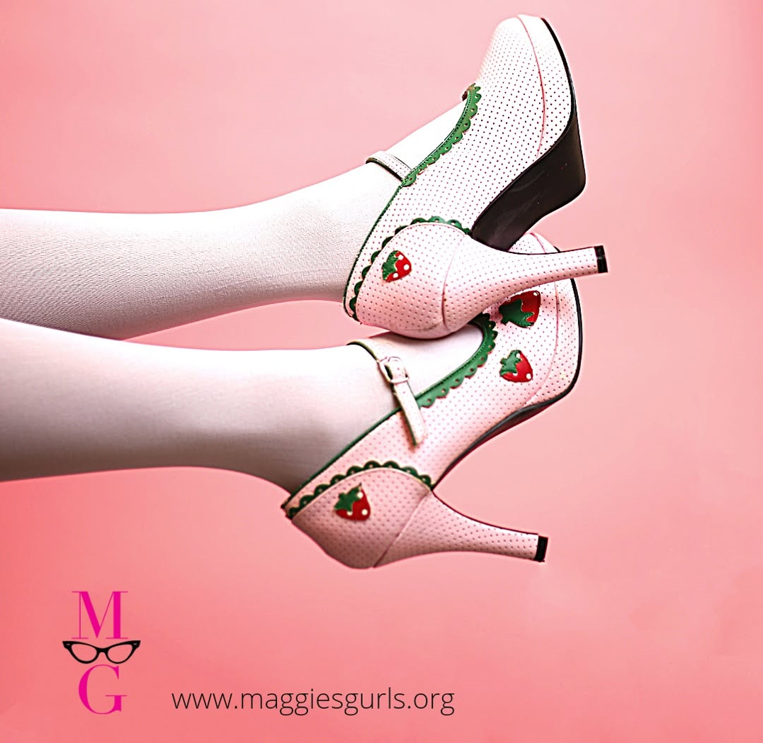 Strawberry-patterned heels with the Maggie's Gurls logo